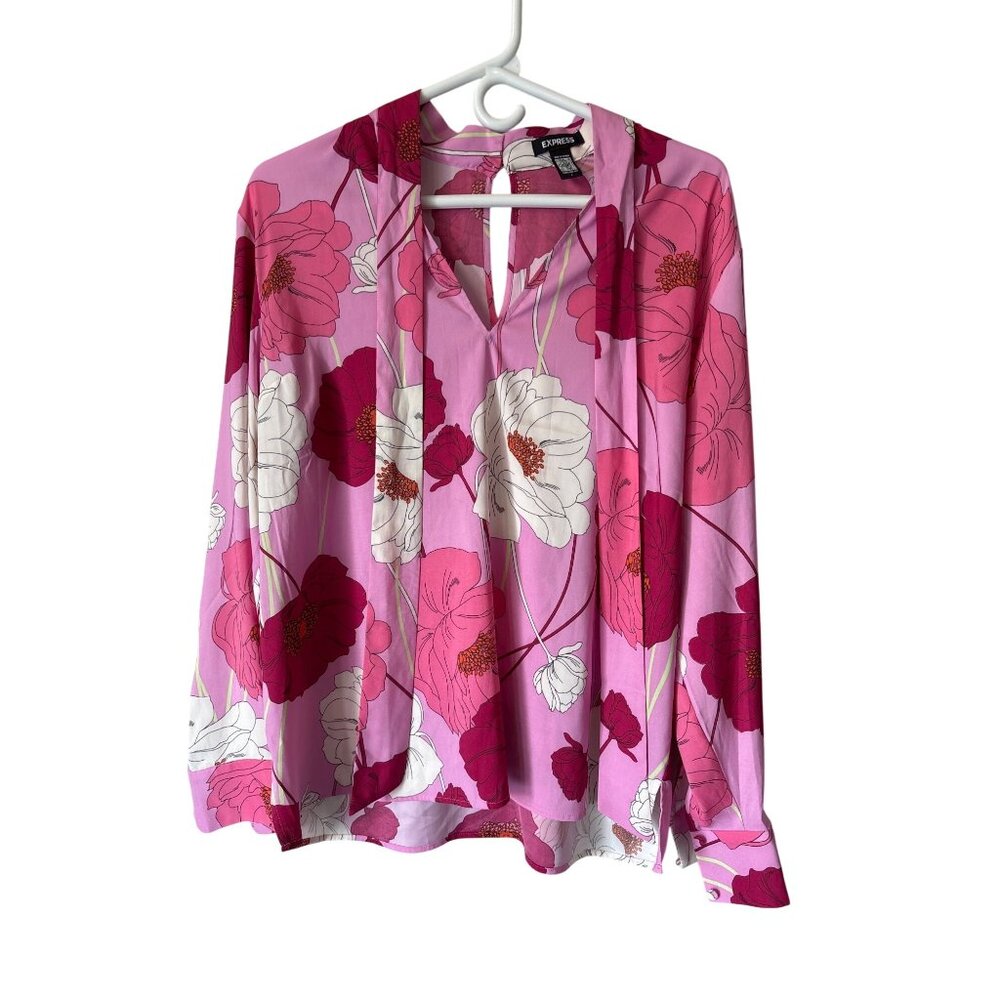 Express Blouse Size Large Floral Tie Neck Long Sleeve Keyhole Back Pink Red Boho